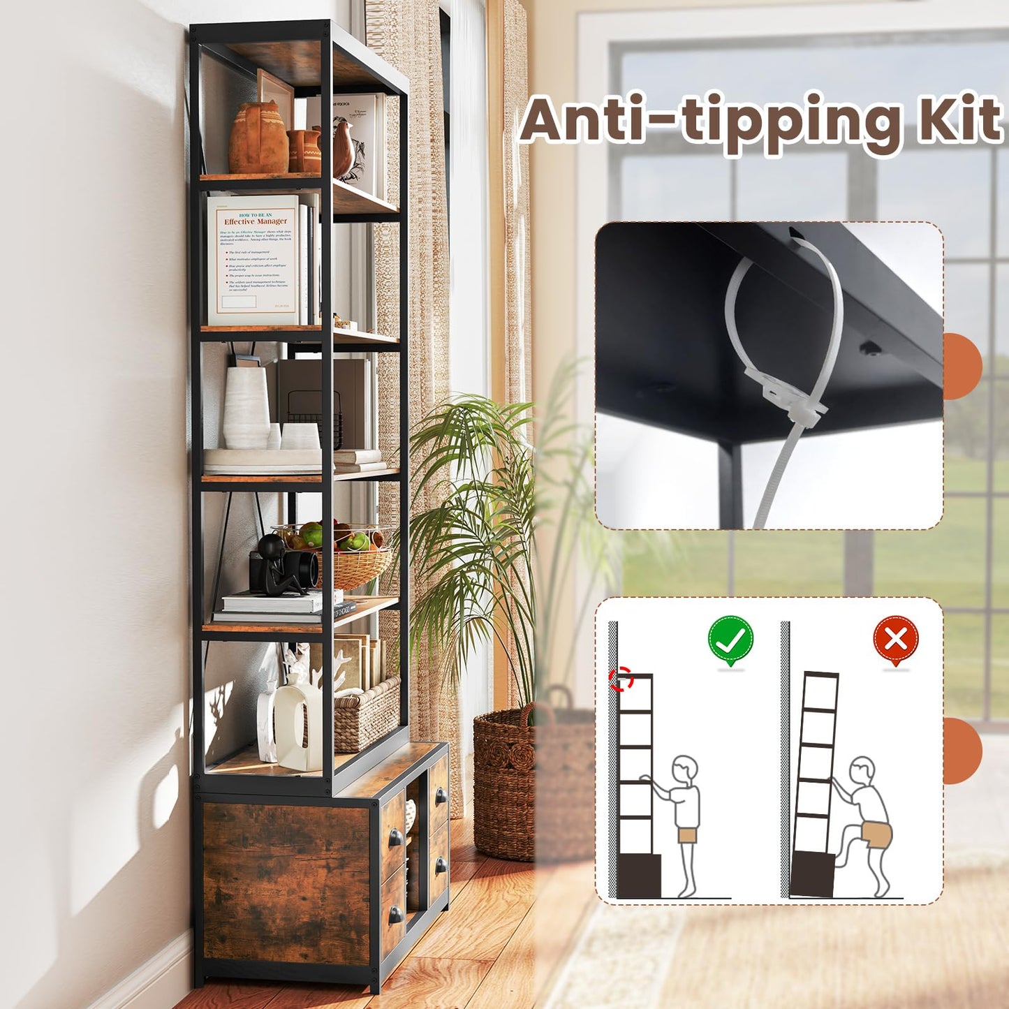 8-tier Bookshelf with Storage and 4 Fabric Drawers