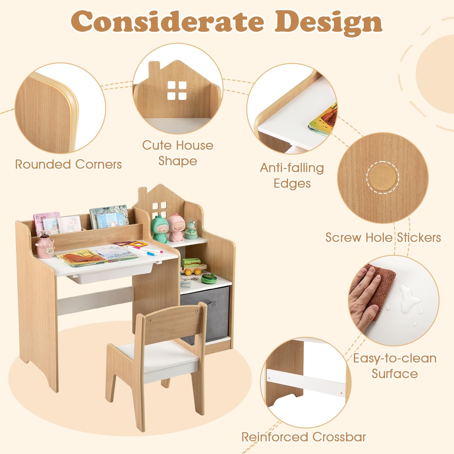 Kids Study Desk and Chair Set Children Study Table with Open Shelves
