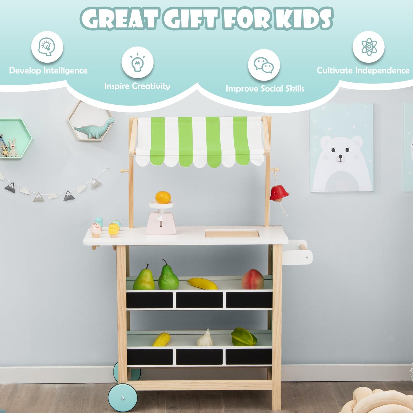 Kids Wooden Grocery Store Playset with 6 Pieces Play Food
