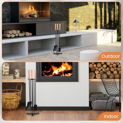4-Piece Metal Fireplace Tools Set with Wood Handle and Base Stand Holder