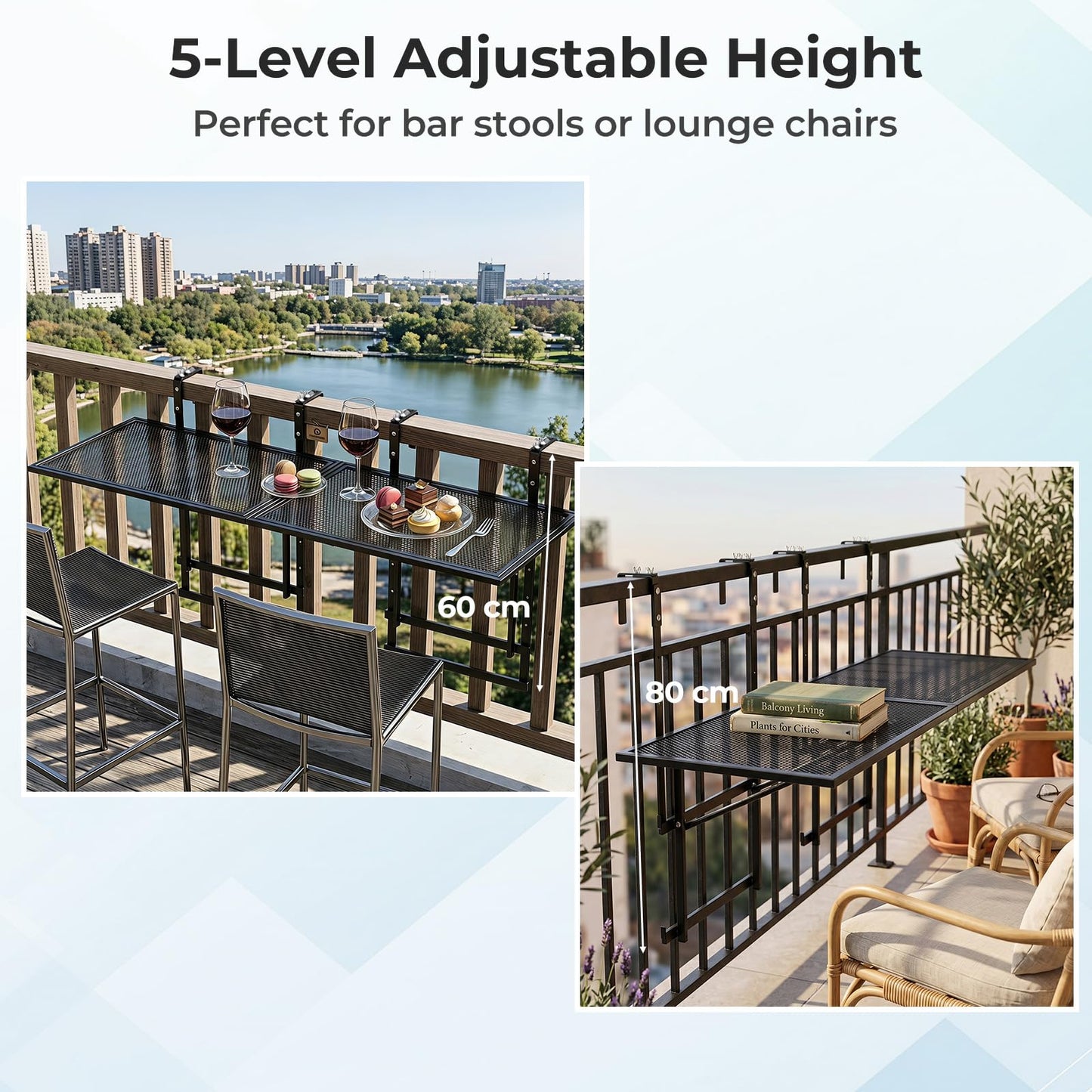 Set of 2 Hanging Balcony Table with 5-Level Adjustable Height for Round Square Railing