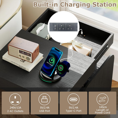 Nightstand with Charging Station with Drawer and Sliding Top Storage