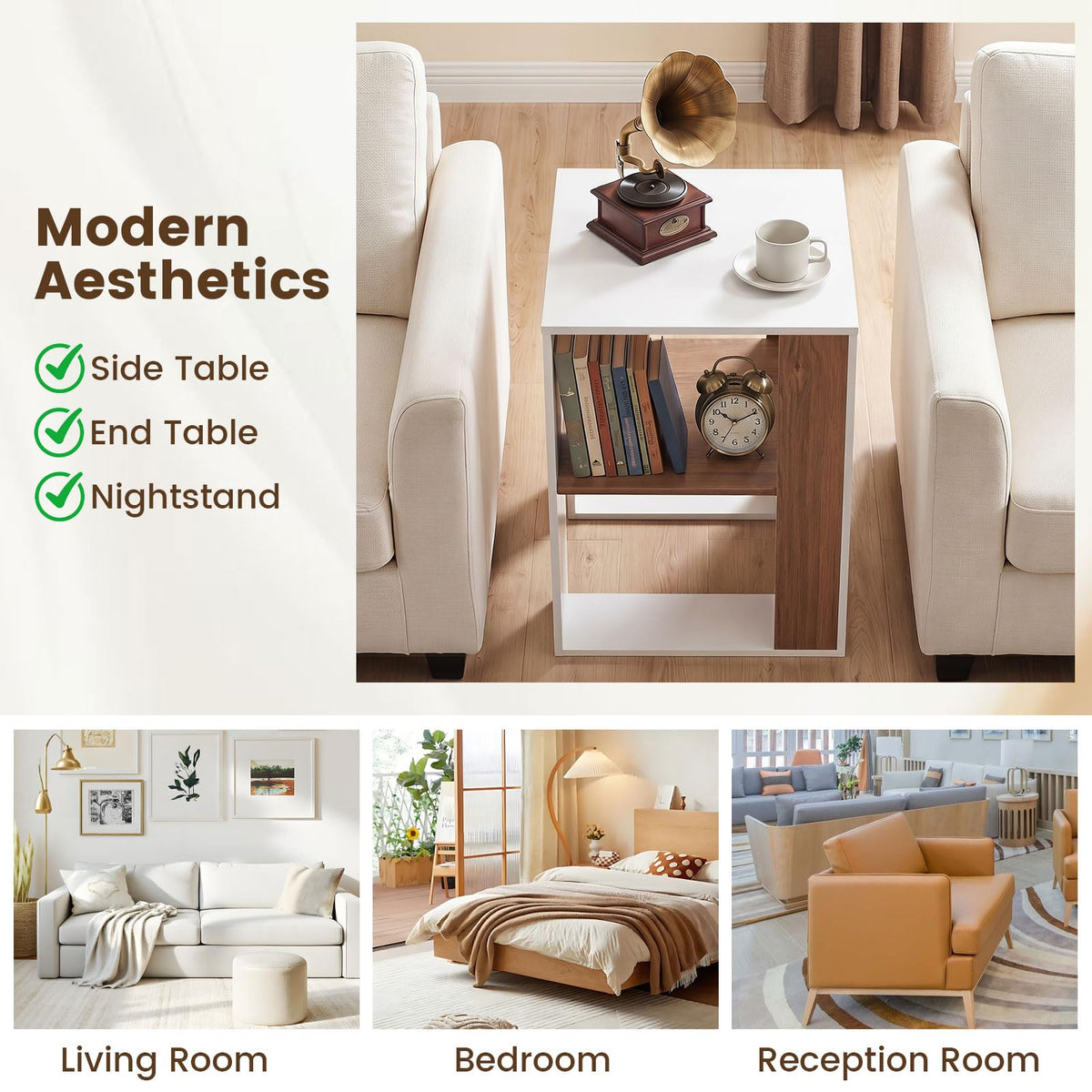 Sofa Side Table, 2-Tier Square End Table with Storage Shelf