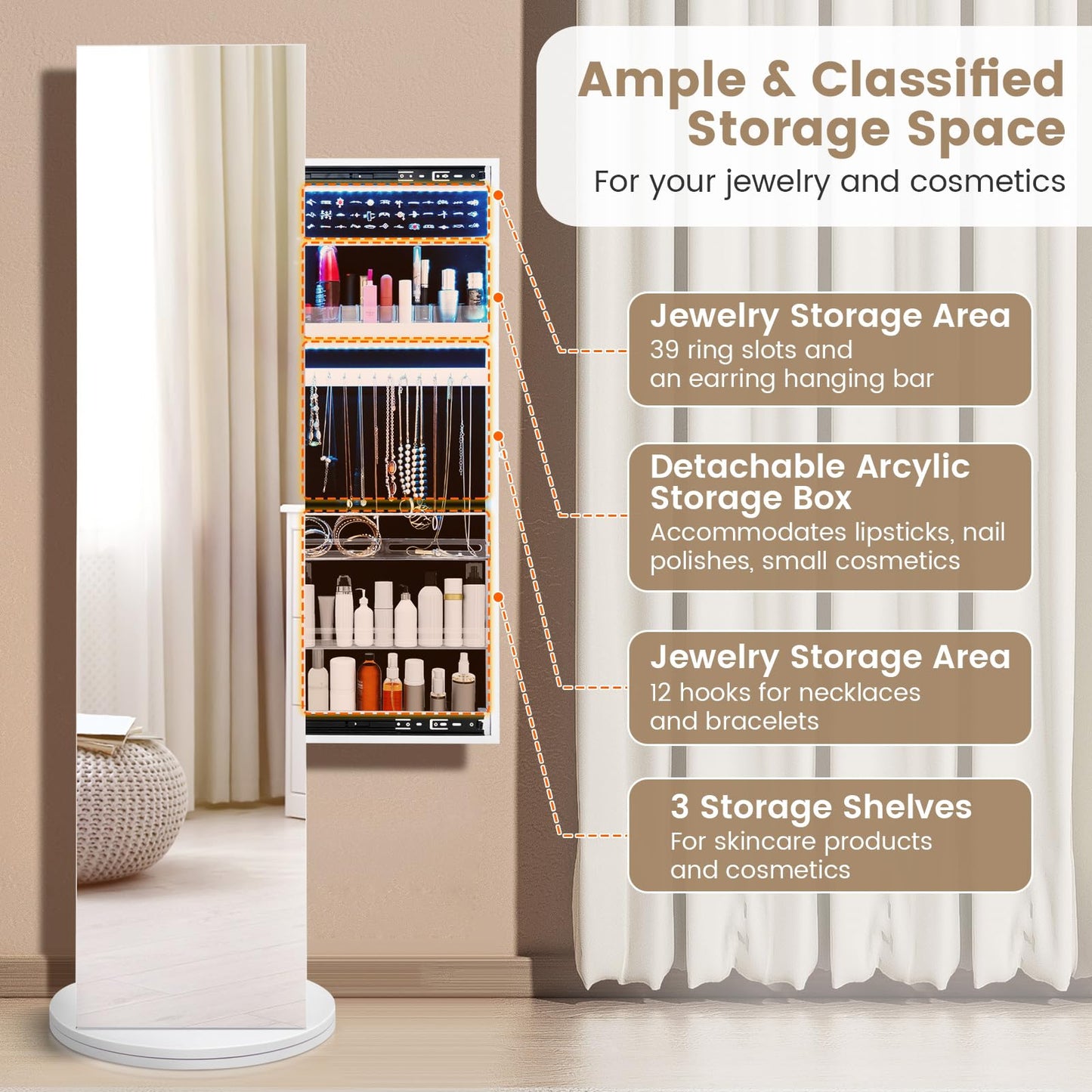 Swivel Jewelry Cabinet with Full-Length Mirror Cosmetics Storage
