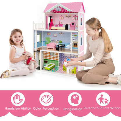 Wooden Dollhouse with Working Elevator and Rotatable Staircase