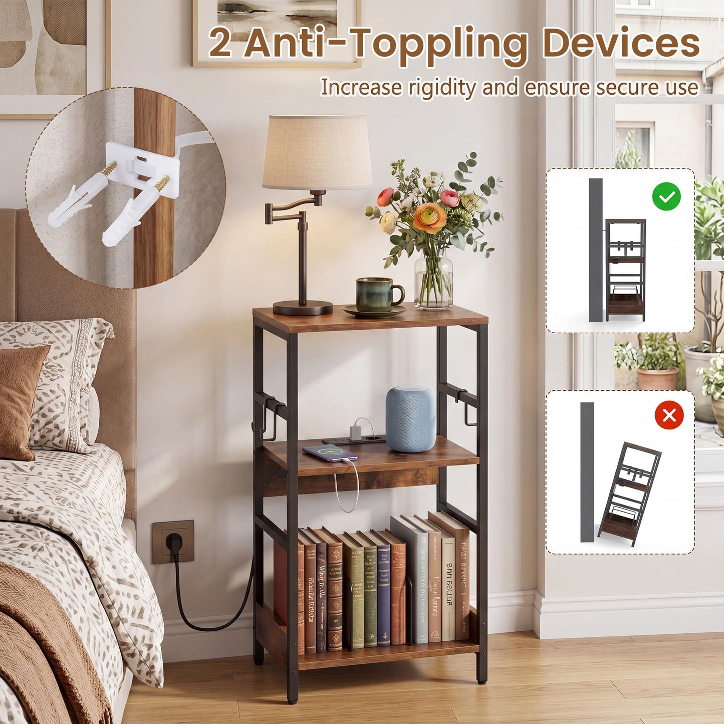 3-Tier Record Player Stand, Industrial Turntable Stand with Charging Station