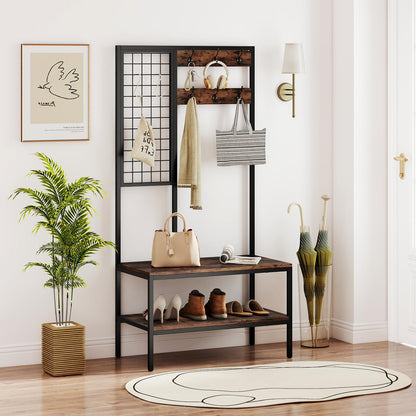 Freestanding Coat Rack with Shoe Storage Bench & Wall Grid Panel