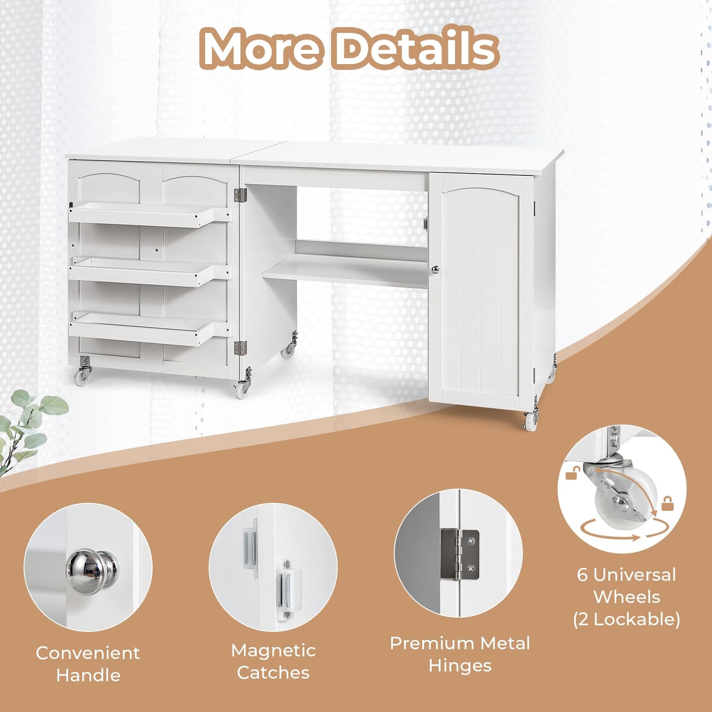 Rolling Folding Sewing Table with Storage Shelves