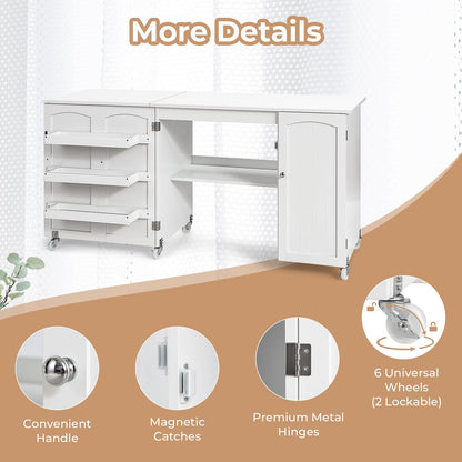 Rolling Folding Sewing Table with Storage Shelves