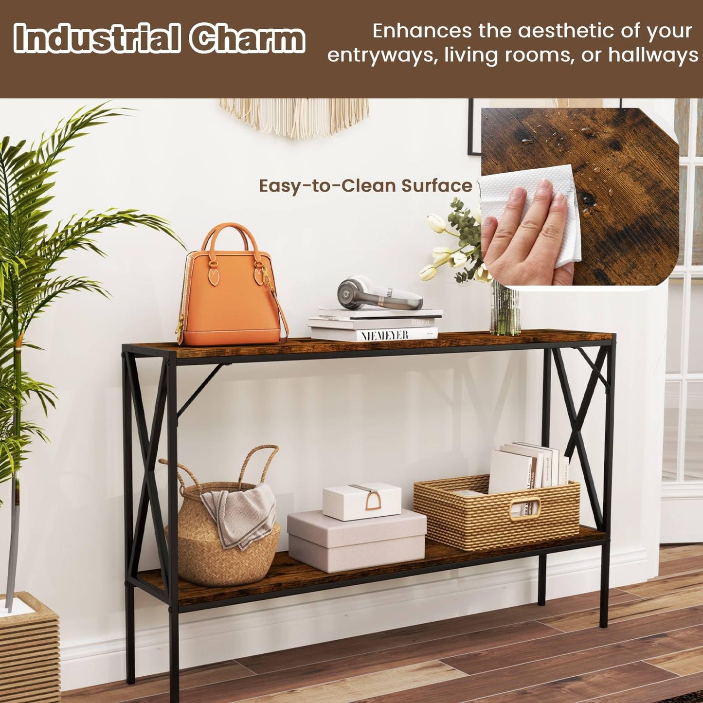 Industrial Console Table 2-Tier Narrow Sofa Table Behind Couch