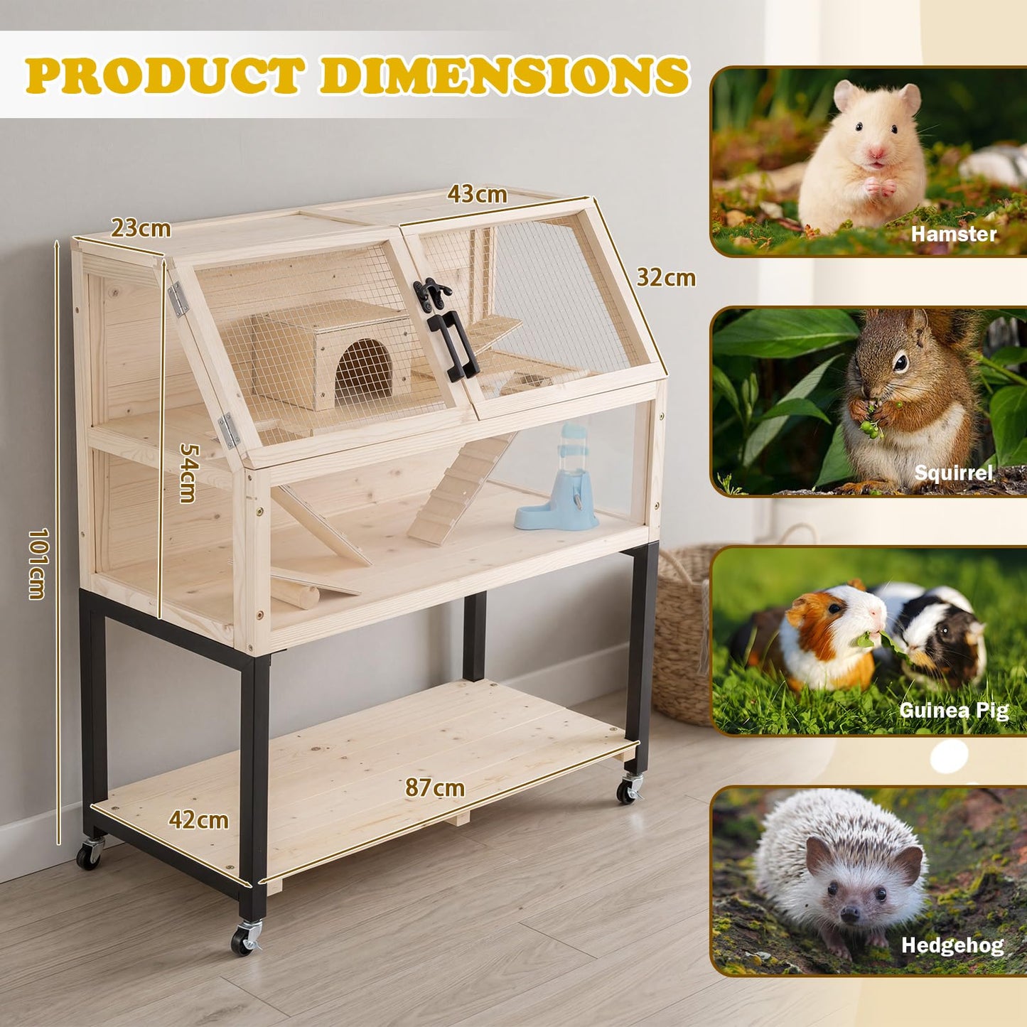Wooden Hamster Cage, 2-Tier Small Animal House with Acrylic Windows