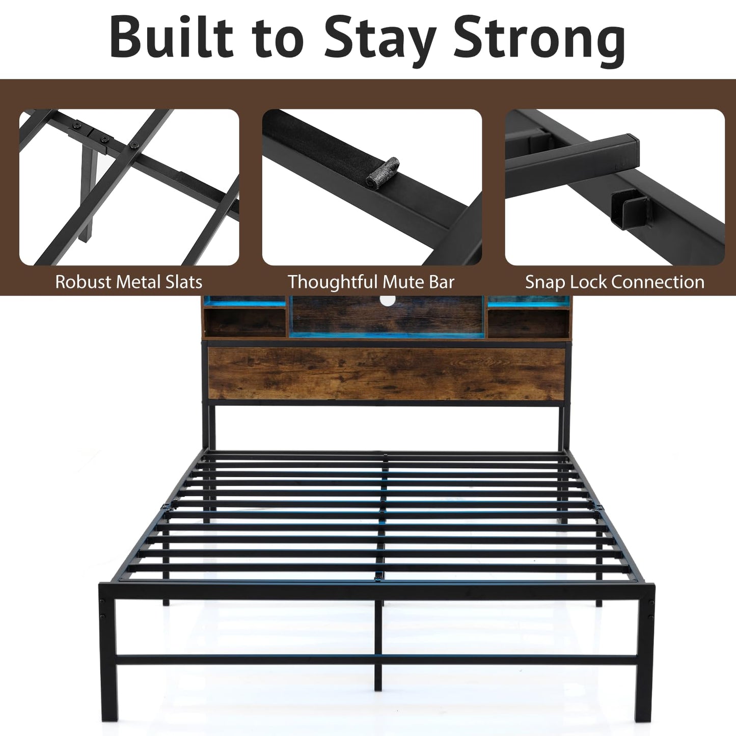 Double/King Size Bed Frame with LED Lights and Charging Station