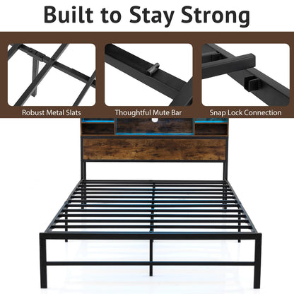 Double/King Size Bed Frame with LED Lights and Charging Station