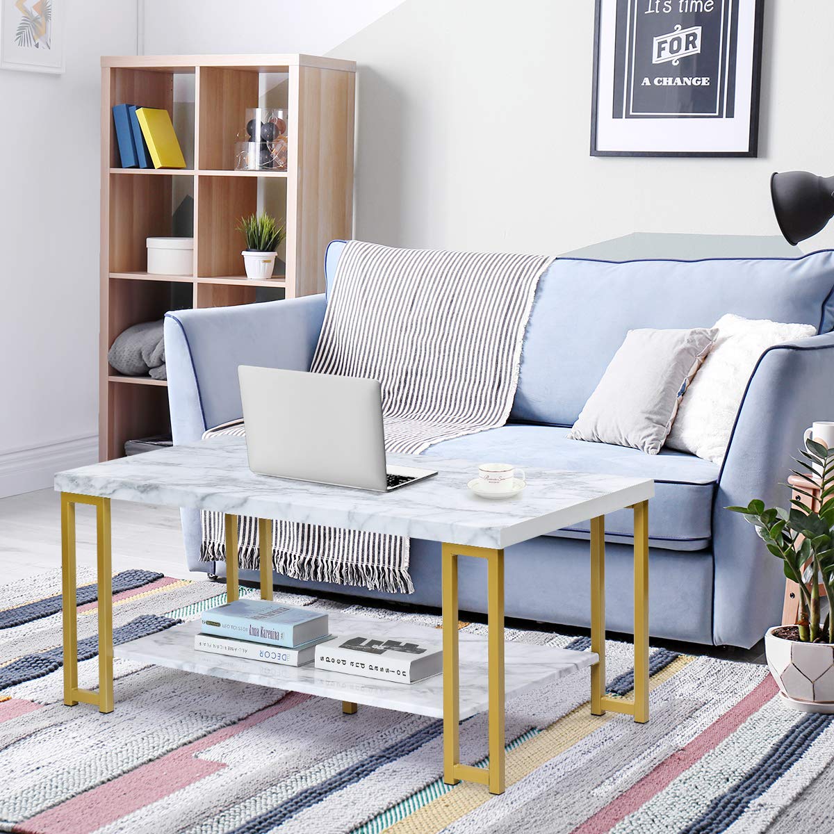 Marble Effect Cocktail Center Table with Storage Shelf