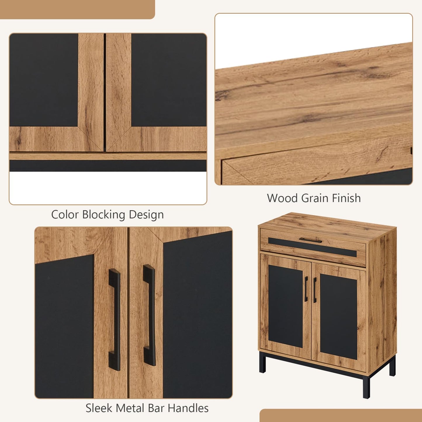 Storage Cabinet, Wooden Buffet Sideboard with Drawer, Doors, Removable Shelves and Metal Legs