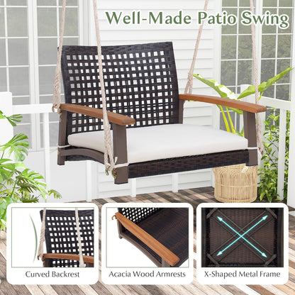 Rattan Porch Swing with Acacia Wood Armrests