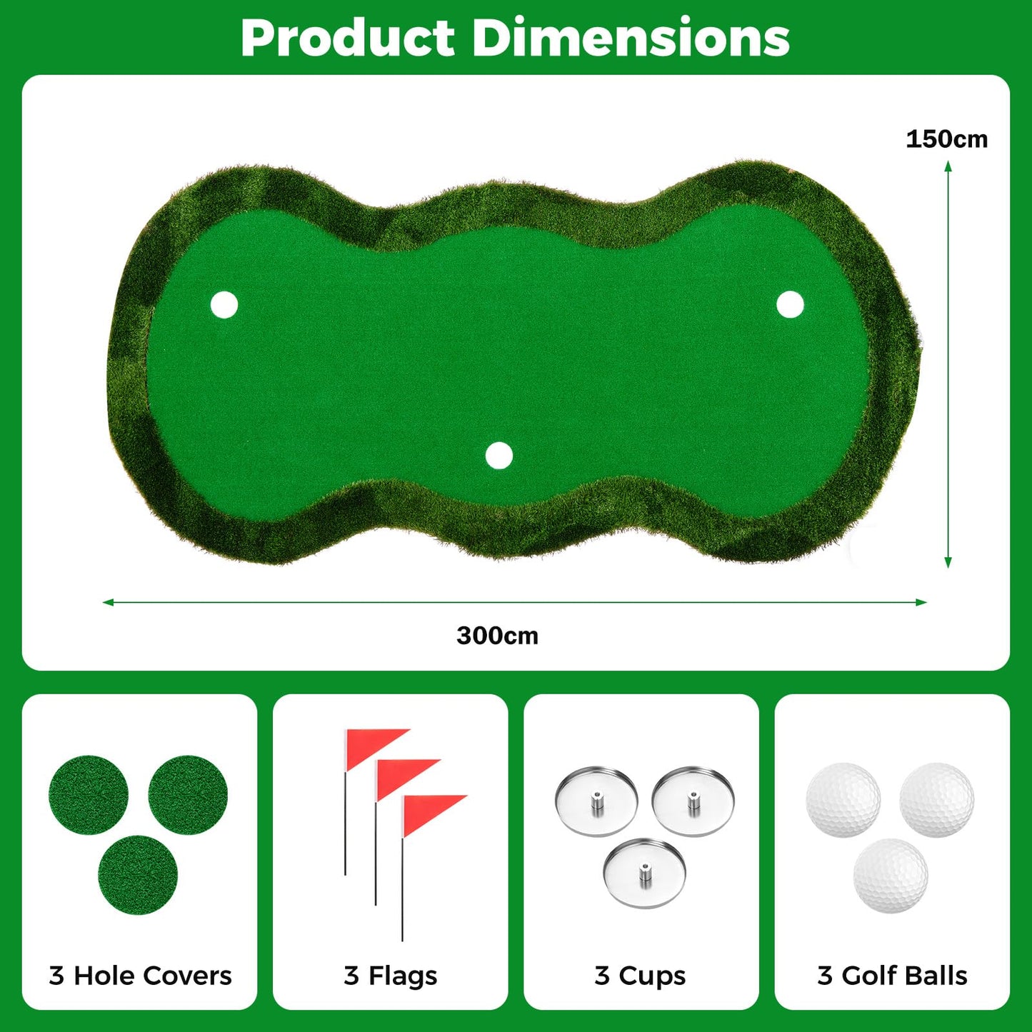 5 x 10 FT Professional Golf Practice Mat Putt Green Carpet with 3 Holes and Balls