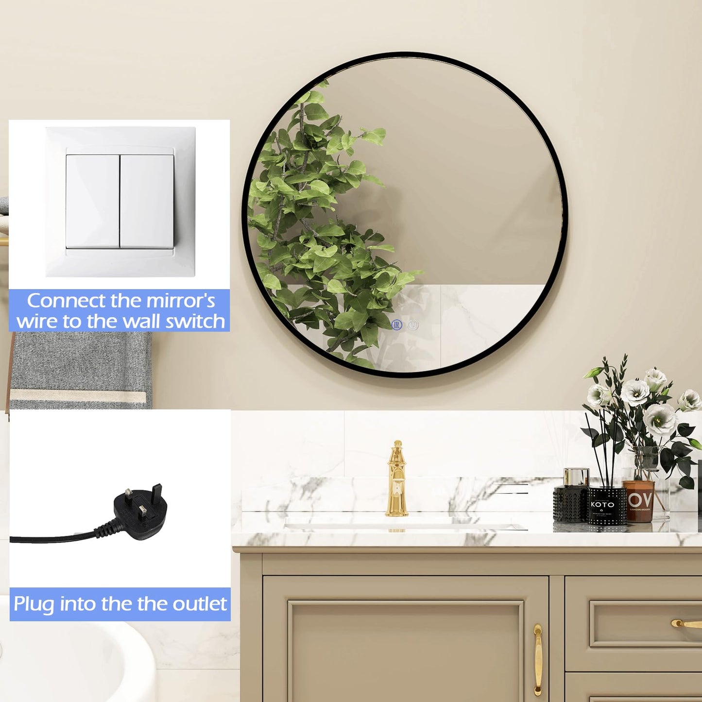 60 CM Round Bathroom Mirror with LED Lights and Anti-Fog Design