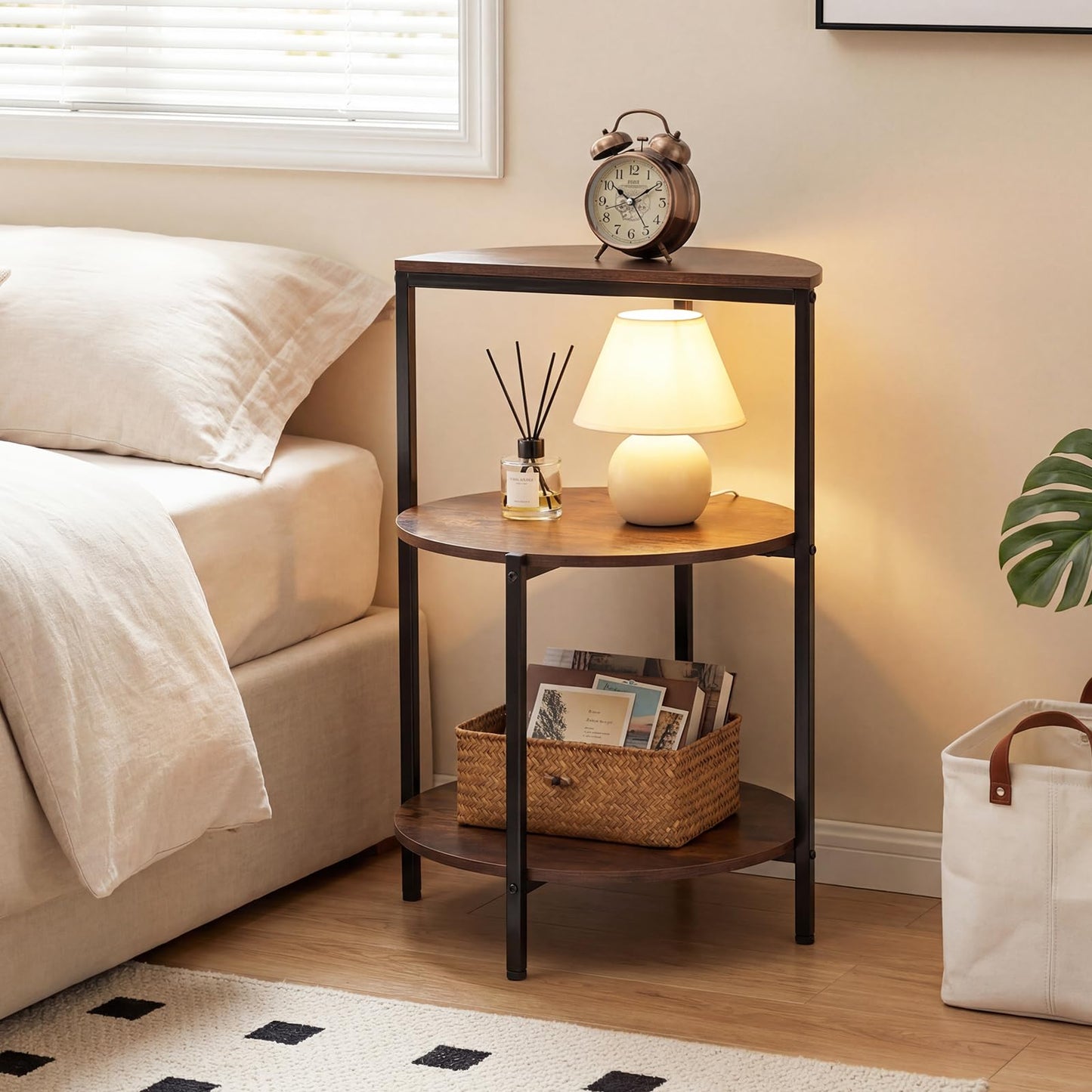 3-Tier Round Side Table, Industrial Nightstand Bedside Table with Storage Shelves