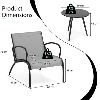 3 Piece Patio Chair Set Metal Aluminum Wide Armchair and Table Set