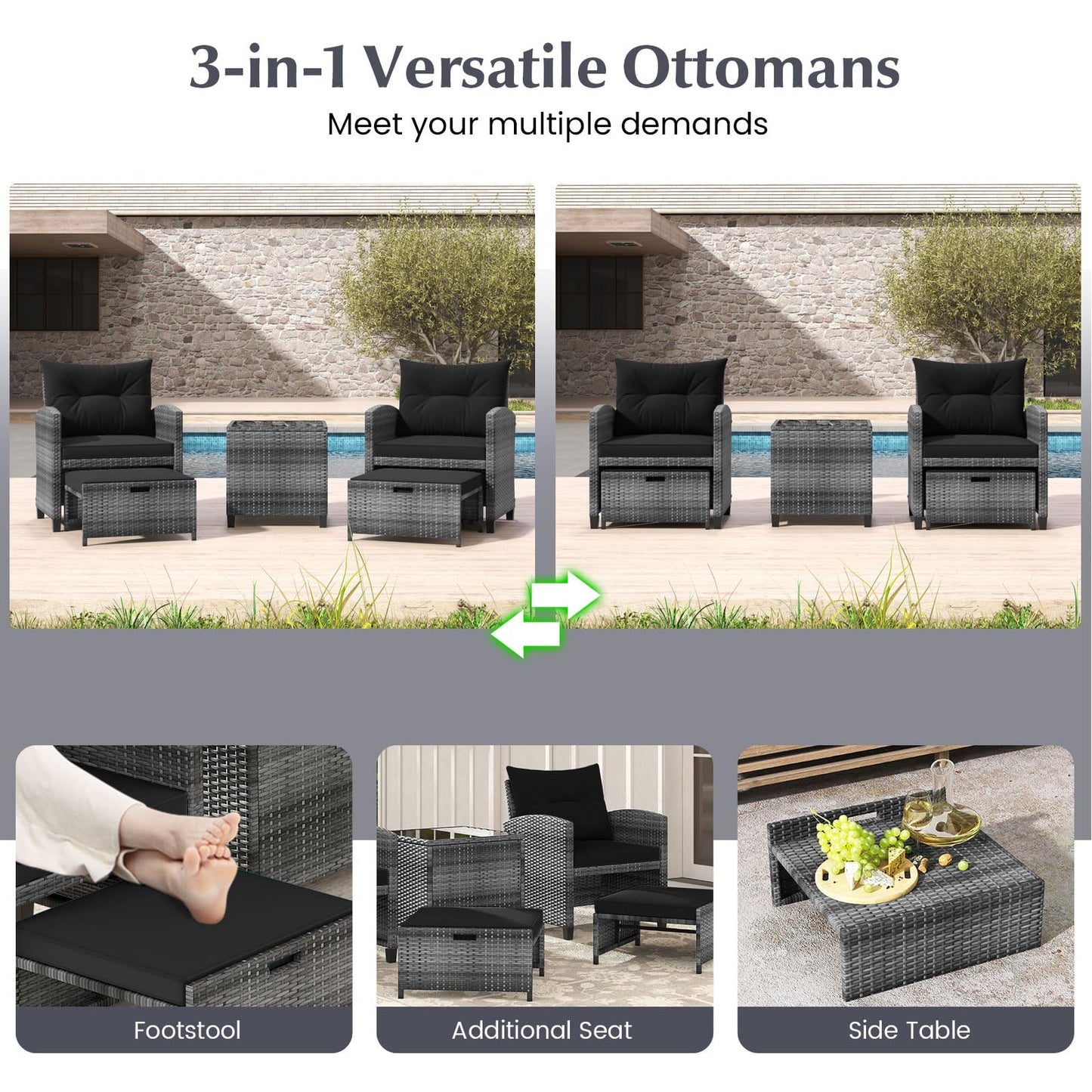 5-Piece Rattan Garden Furniture Set, Patio Conversation Set with 2 Chairs