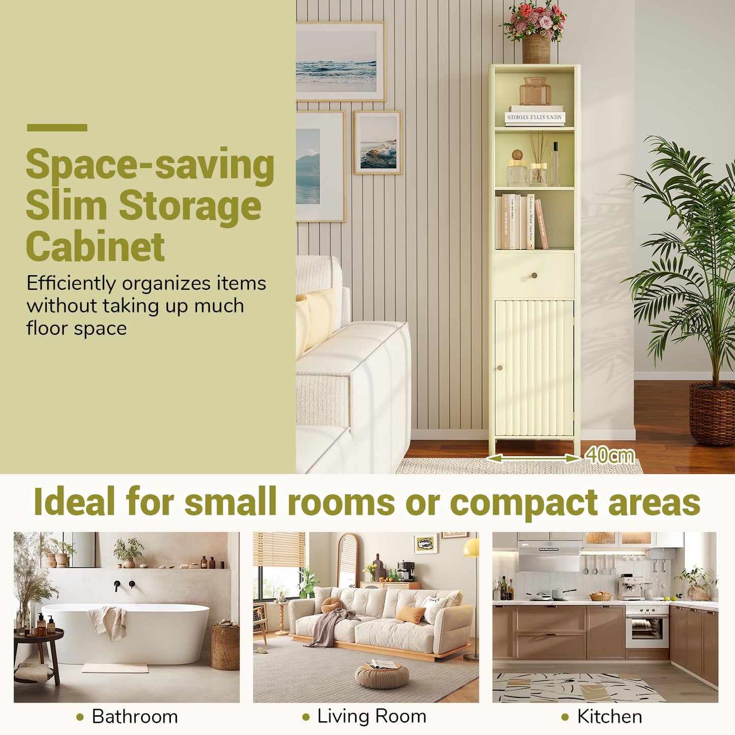 170cm Tall Bathroom Cabinet with Fluted Door and 1 Drawer 3 Open Shelves