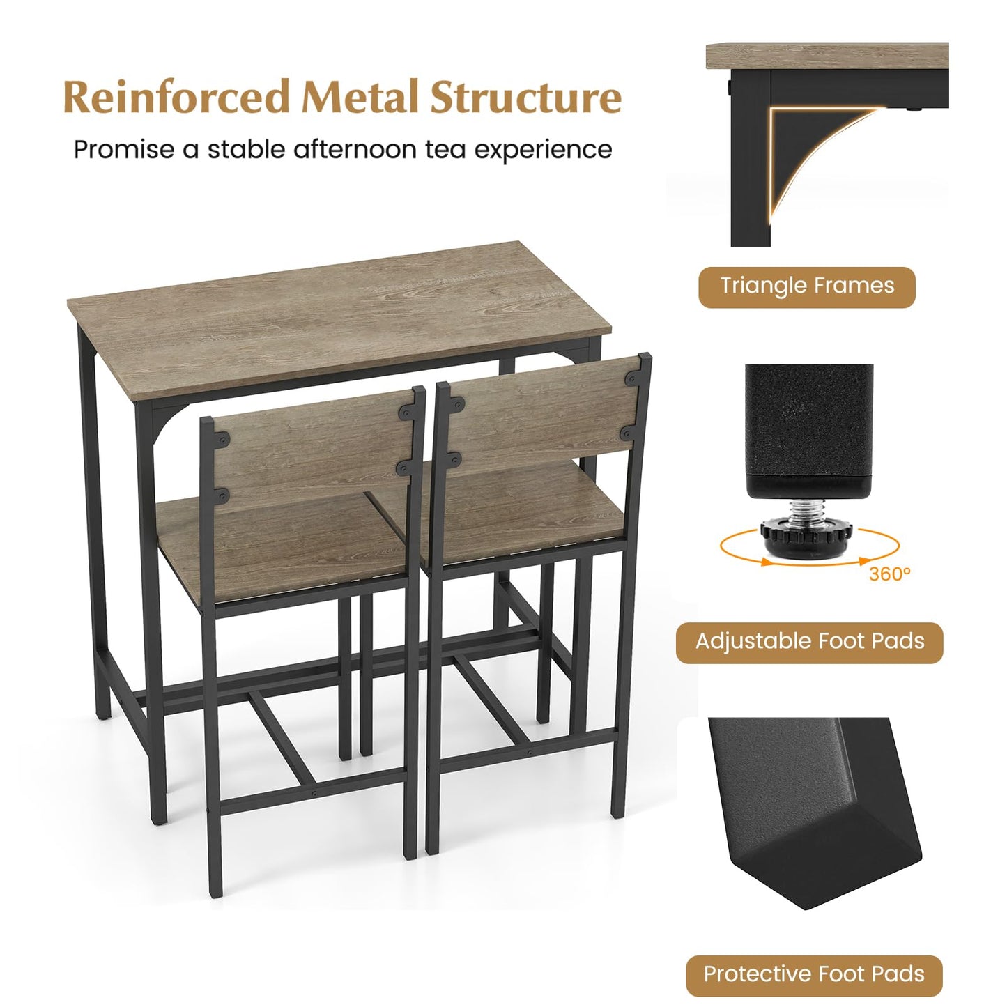 3 Piece Bar Table Set with Pub Dining Table and 2 Bar Stools for Small Space