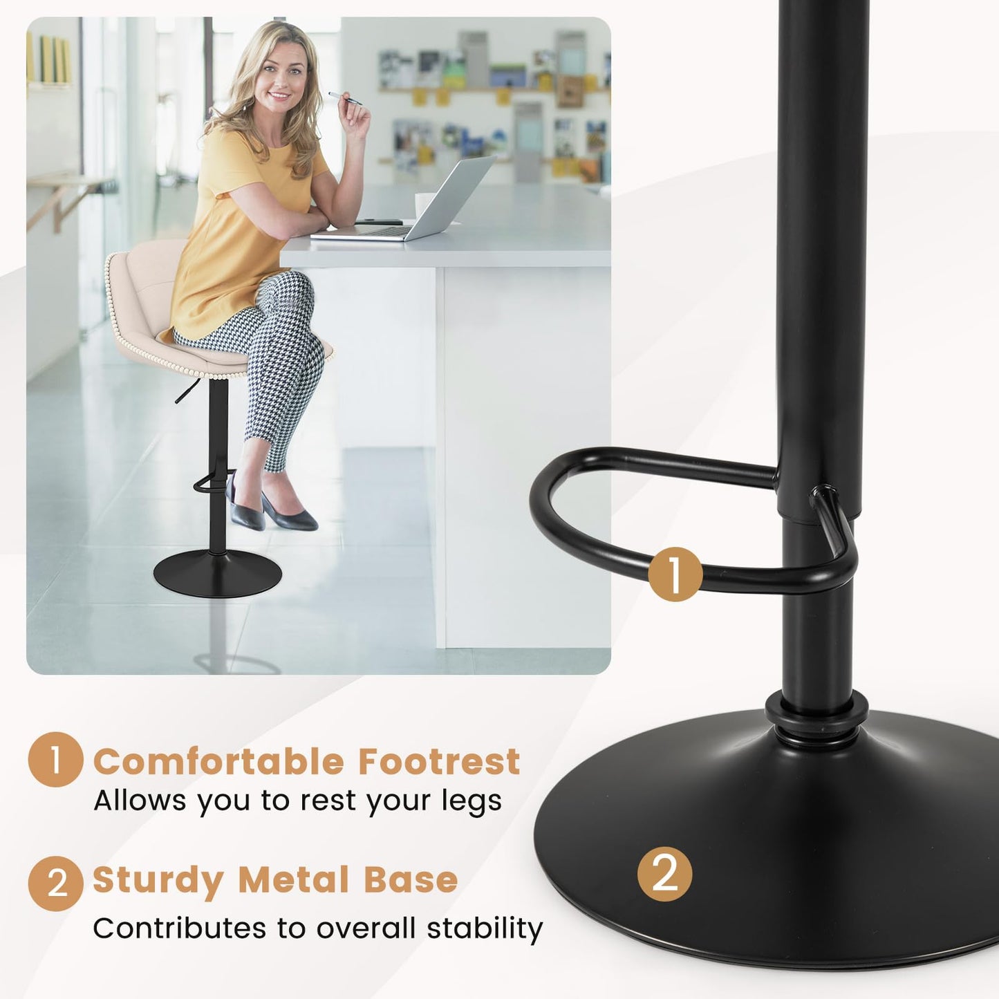 Bar Stools Set of 2 Modern Adjustable Chenille Upholstered Barstools