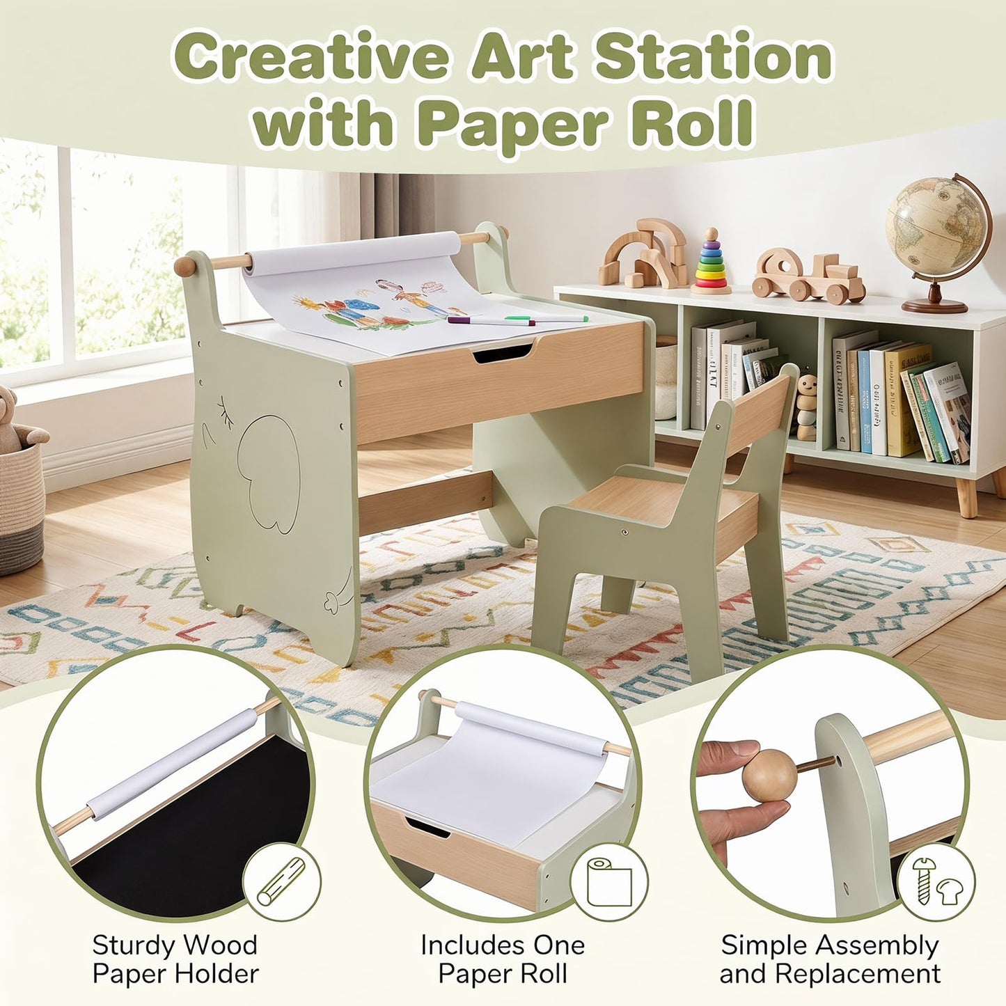 3 in 1 Kids Table and Chair Set, Toddler Art Table with Reversible Blackboard Tabletop