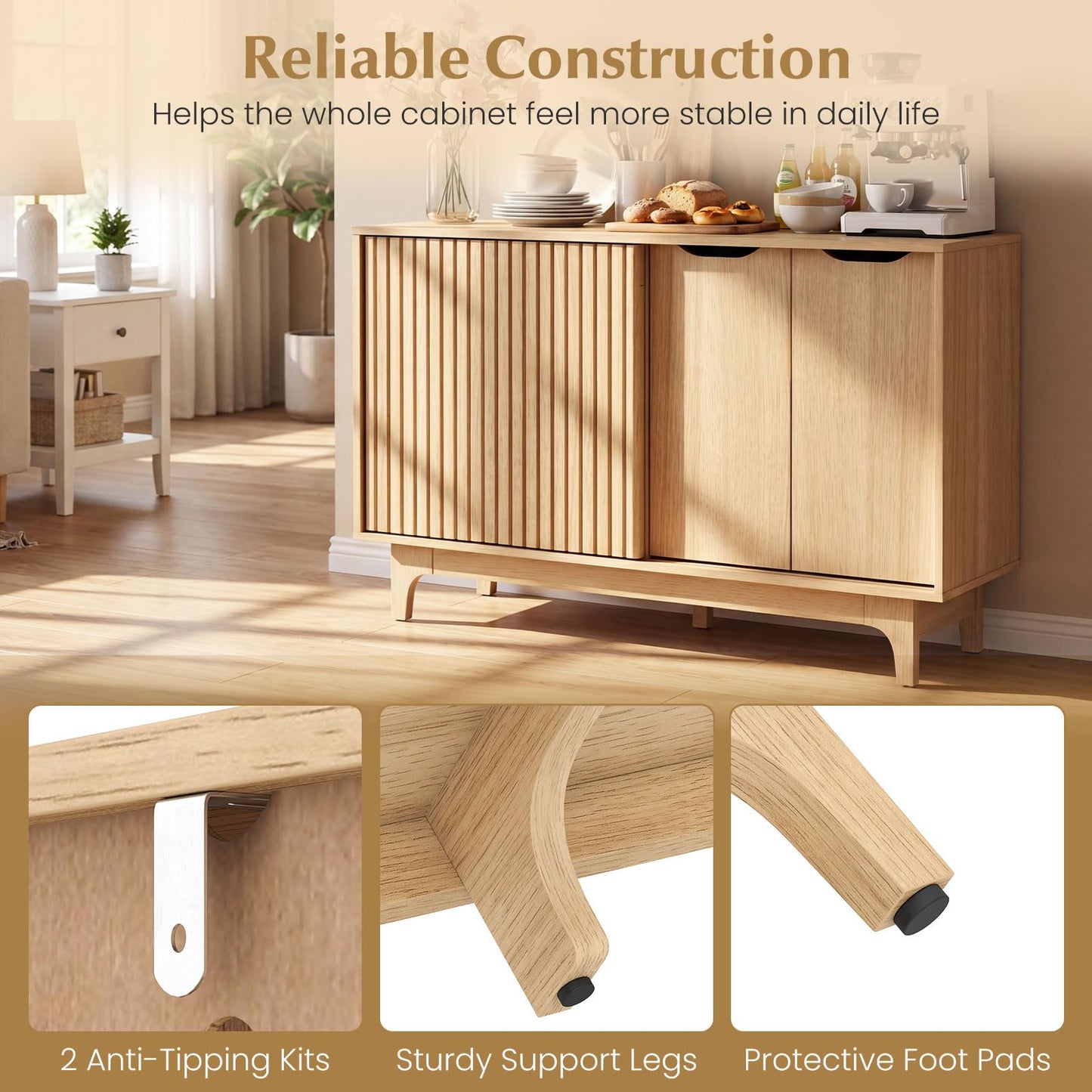 Kitchen Sideboard, Fluted Wooden Storage Cabinet with Adjustable Shelves