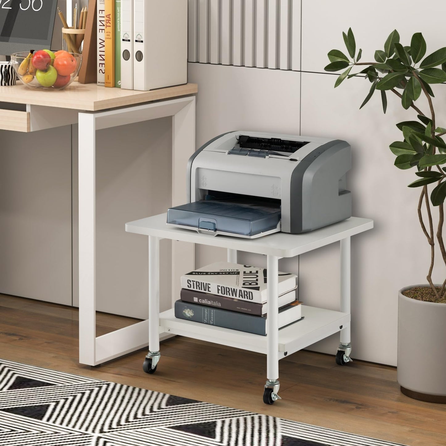 2 Tier Wooden Printer Stand with 360° Swivel Casters