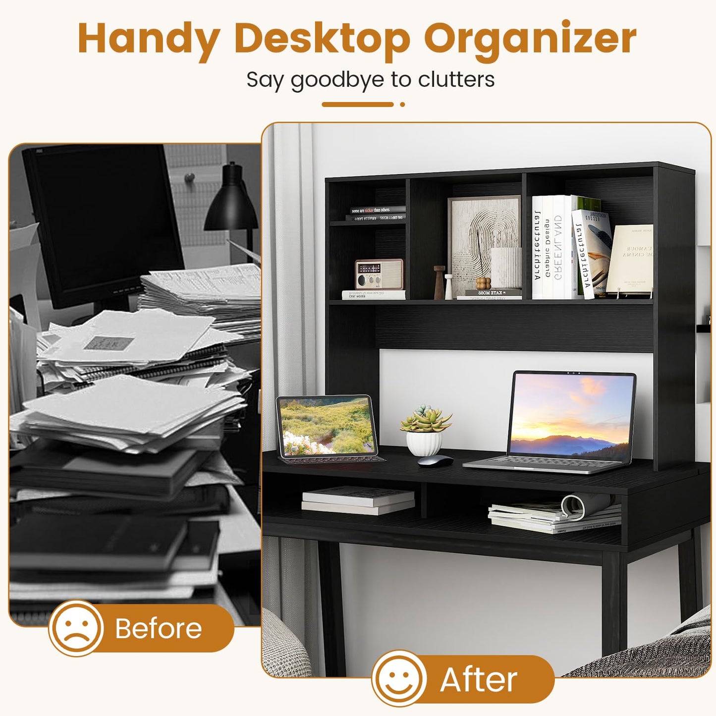 Desktop Bookshelf, Wooden Countertop Storage Hutch Bookcase