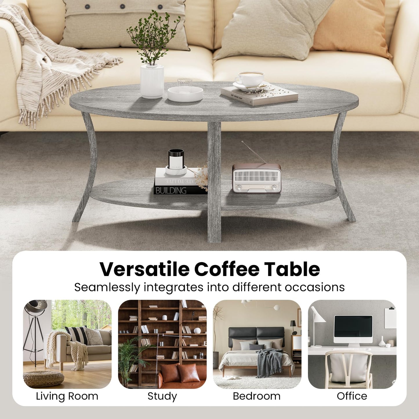 Oval Coffee Table 2-Tier Center Table with Storage Shelf