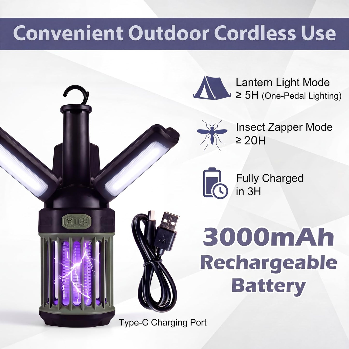 Outdoor Bug Zapper with Foldable Lantern USB-C Rechargeable for Camping