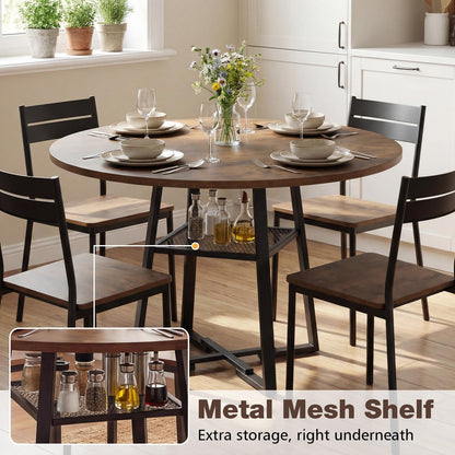 Round Dining Table for 4-6 120 CM Dining Room Table with Storage Shelf and Metal Legs
