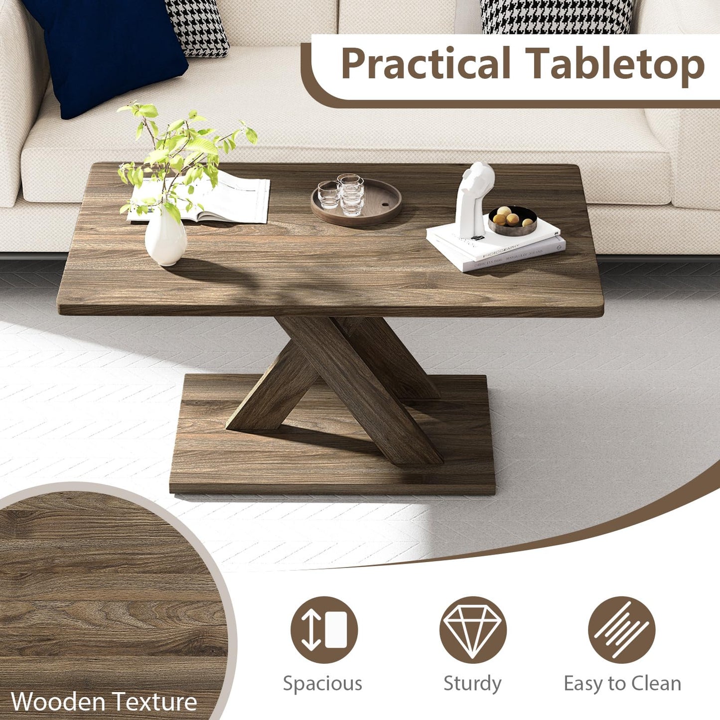 Farmhouse Coffee Table, Rectangle Cocktail Center Table Unit