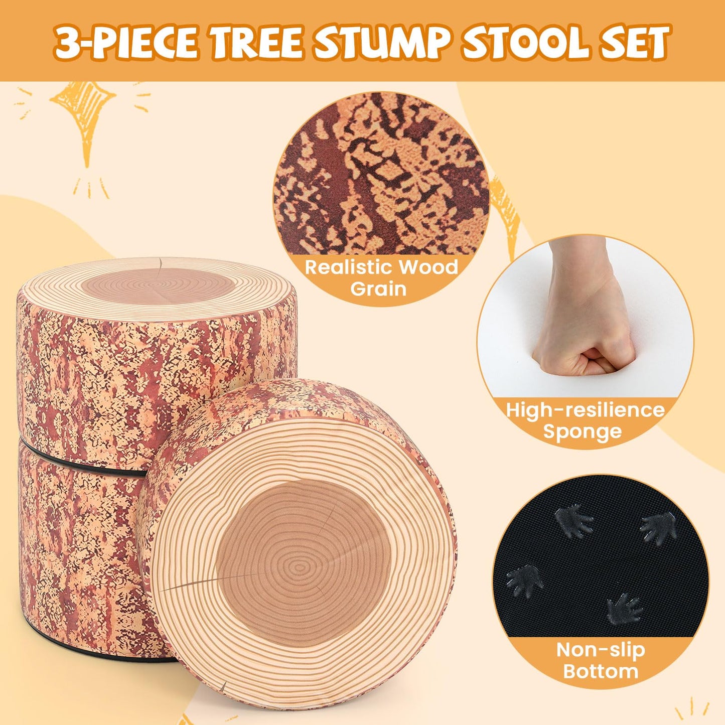 3 PCS Tree Stump Stool Set Round Flexible Seatings