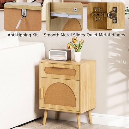 Rattan Nightstand Boho Bedside Table with Rattan-decorated Door