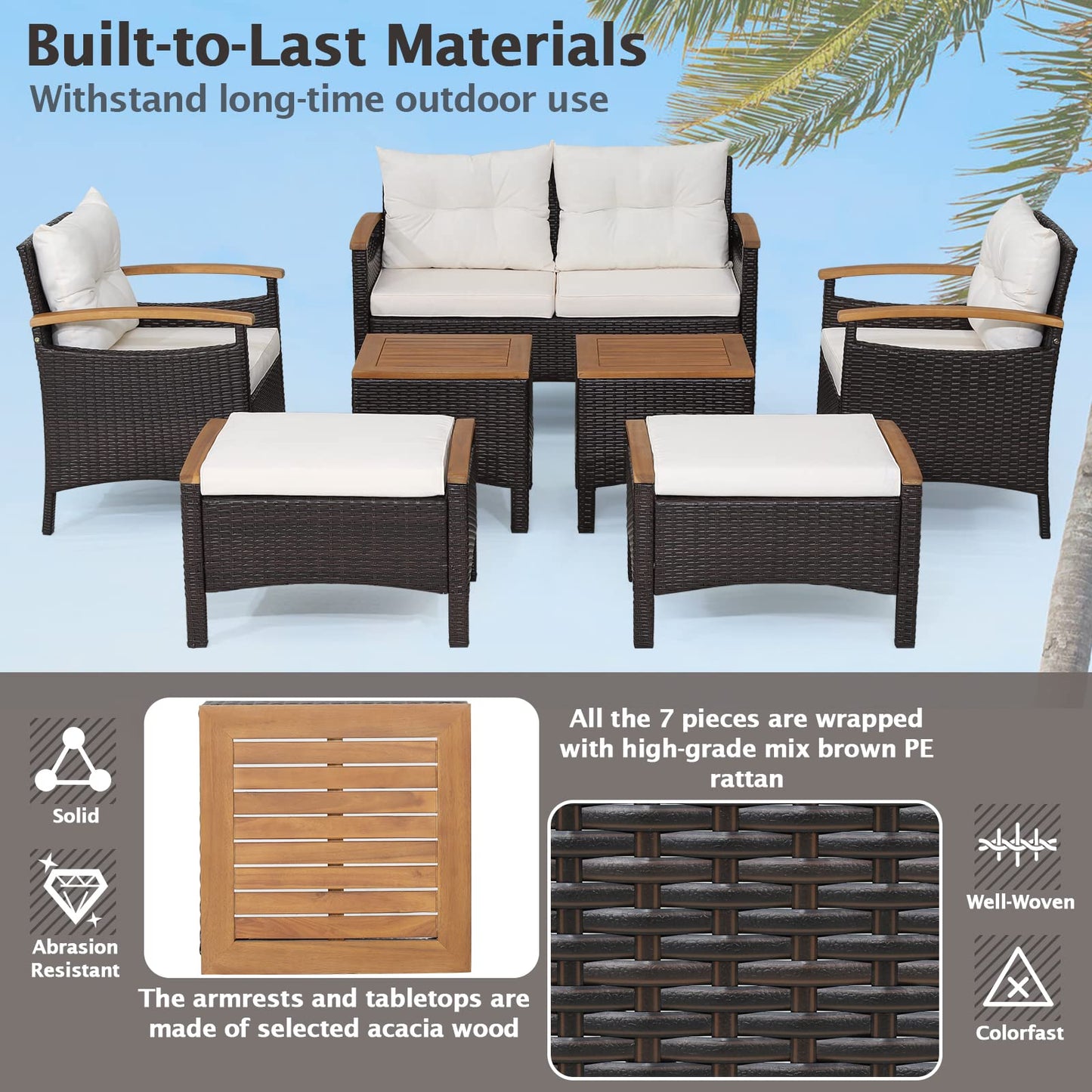 7 PCS Garden Rattan Furniture Set for Yard Poolside