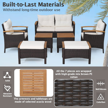 7 PCS Garden Rattan Furniture Set for Yard Poolside