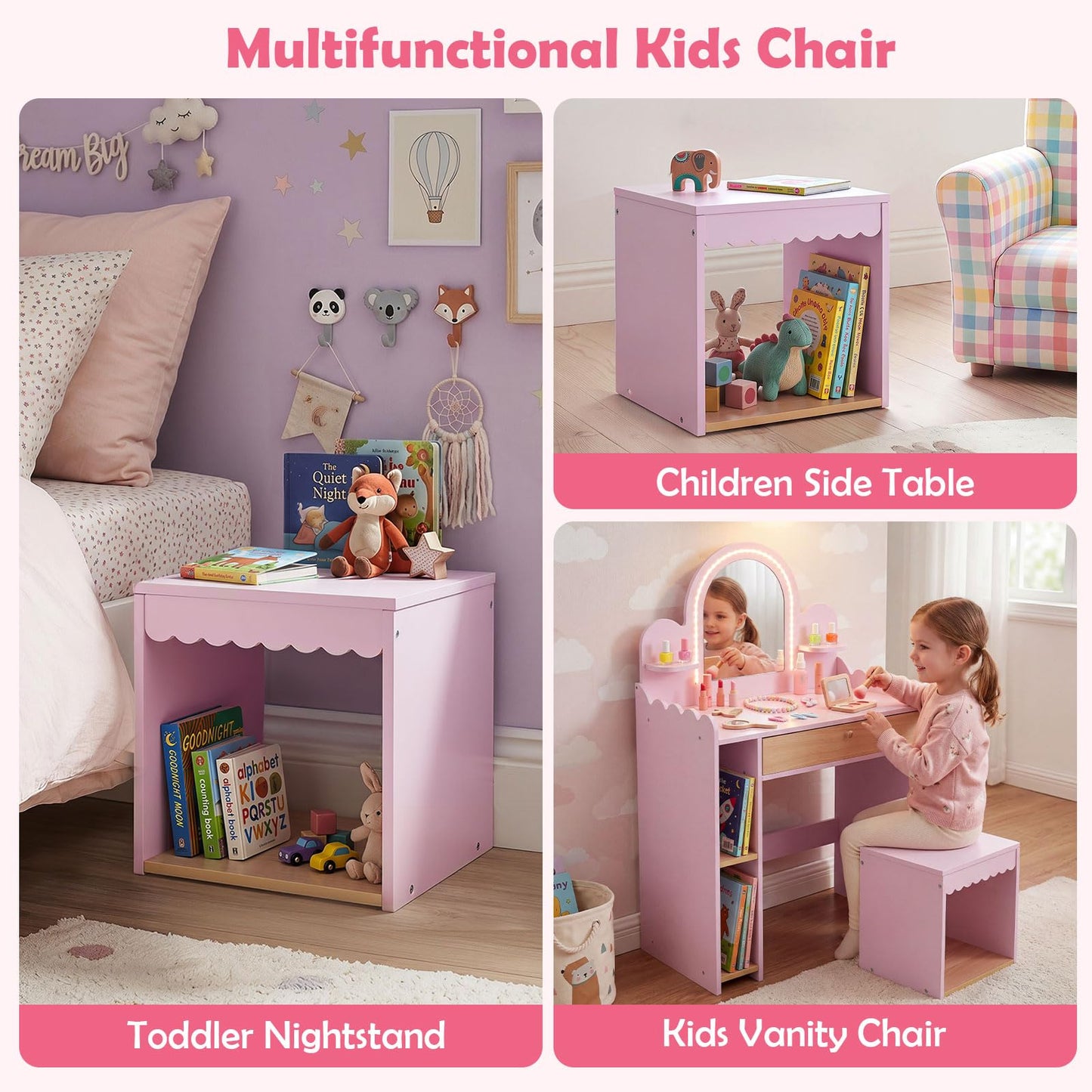 Kids Vanity with Lights and Storage Drawer with Chair for Ages 3+