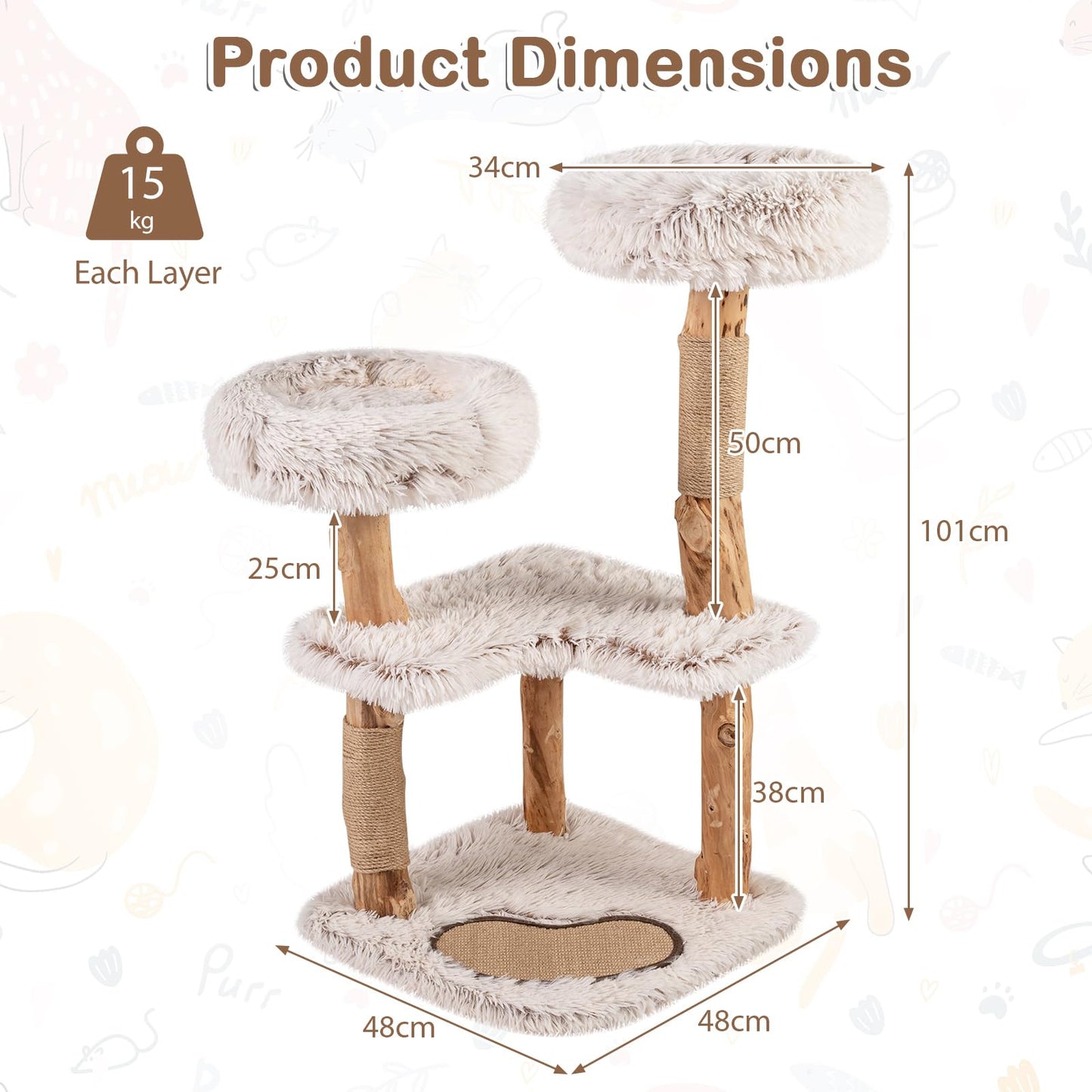 Wooden Cat Tree, Multi-Layer Cats Tower with Jute Scratching Posts