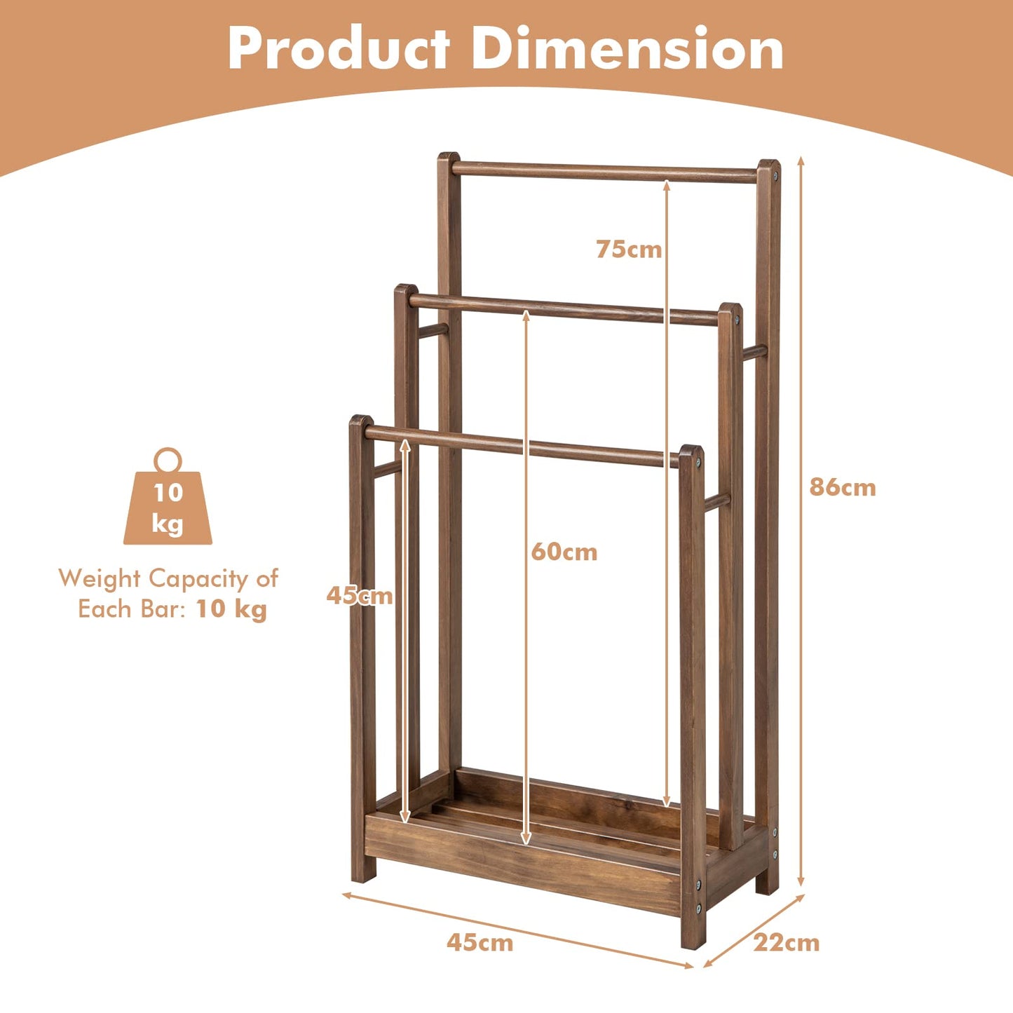 Solid Wood Towel Holder Drying Stand with 3 Towel Rails and Storage Shelf