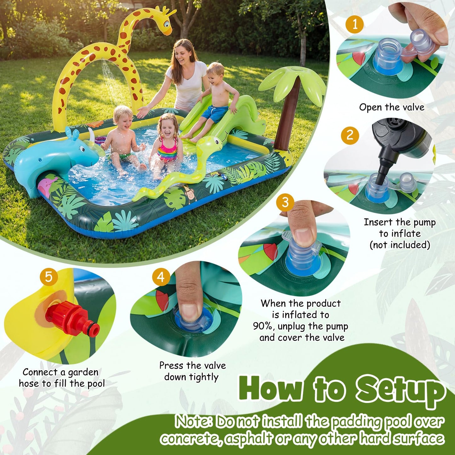 Inflatable Play Center, Jungle Animal Spray Paddling Pool with Slide & Sprinkle