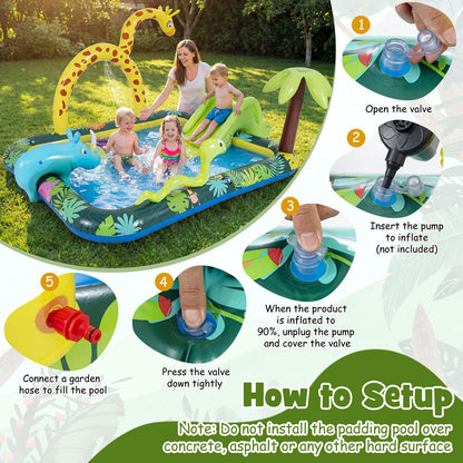 Inflatable Play Center, Jungle Animal Spray Paddling Pool with Slide & Sprinkle