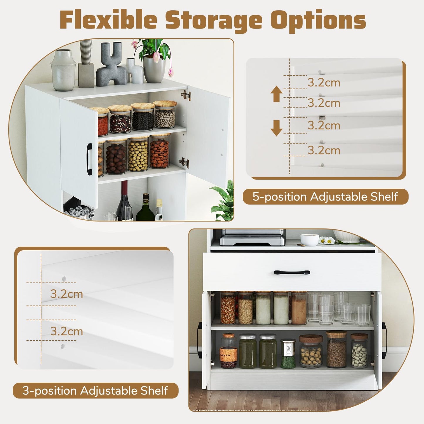 Kitchen Pantry Cabinet with Charging Station 168 cm Tall Cupboard with 4 Doors and 2 Adjustable Shelves