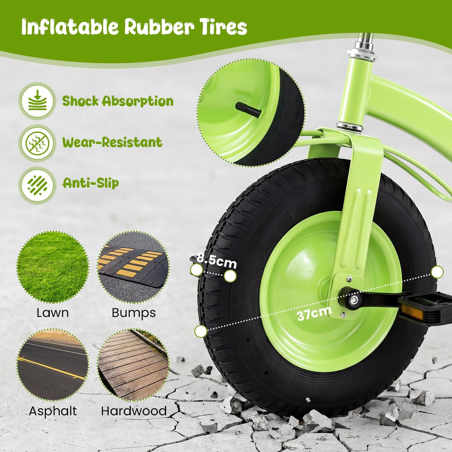Kids Tricycle ( 84 x 55 x 68-77cm, without Storage Basket) | Carbon Steel Toddler Trike with Inflatable Rubber Tires