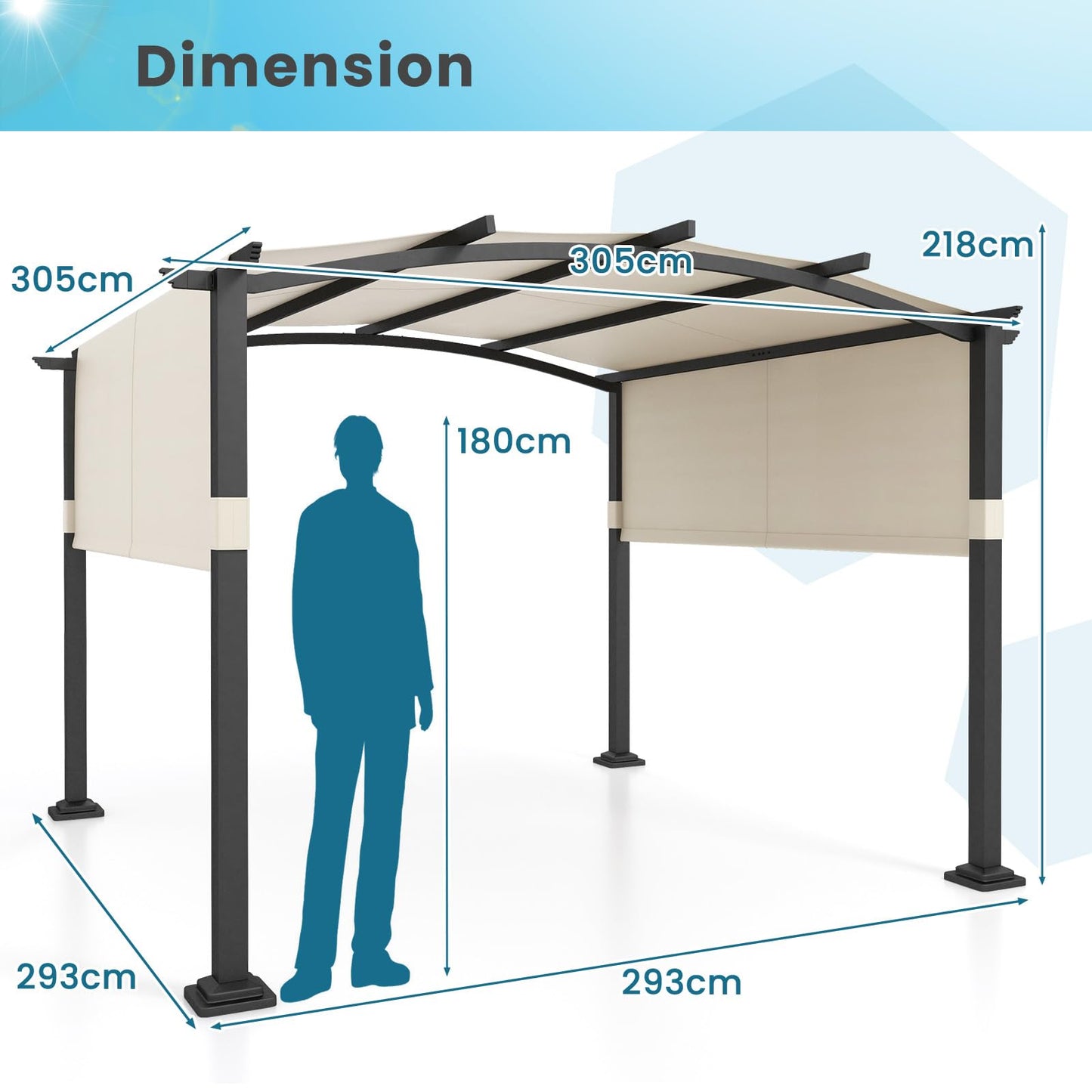 305 x 305 x 218 cm Large Garden Pergola with Sun Shade Canopy