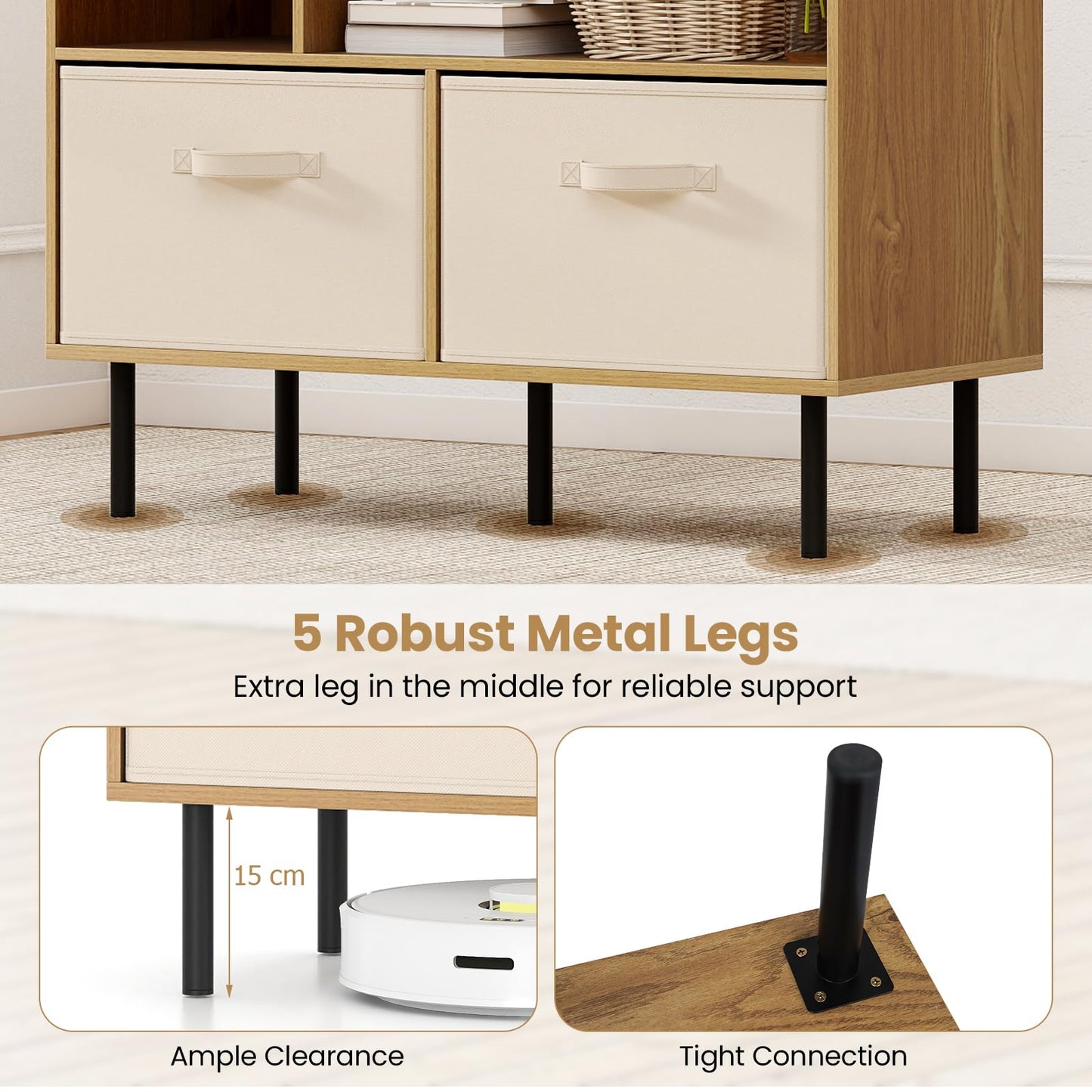 3-Tier Bookcase with 3 Removable Folding Fabric Drawers