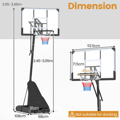 2.45-3.05M Portable Basketball Hoop Height Adjustable with Shatterproof Backboard